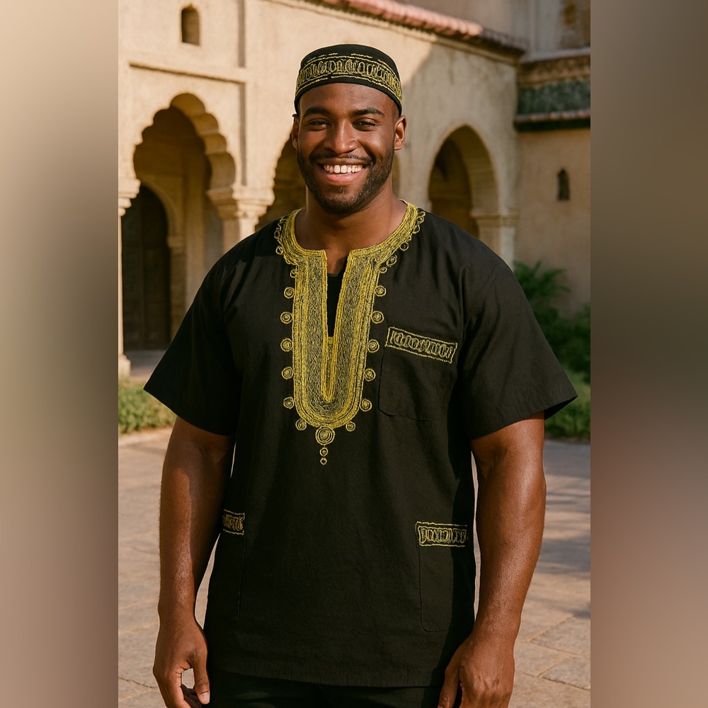 Men's Traditional African Dashiki Top Shirt and Kufi Hat Set Large Black Gold - Picture 3 of 14